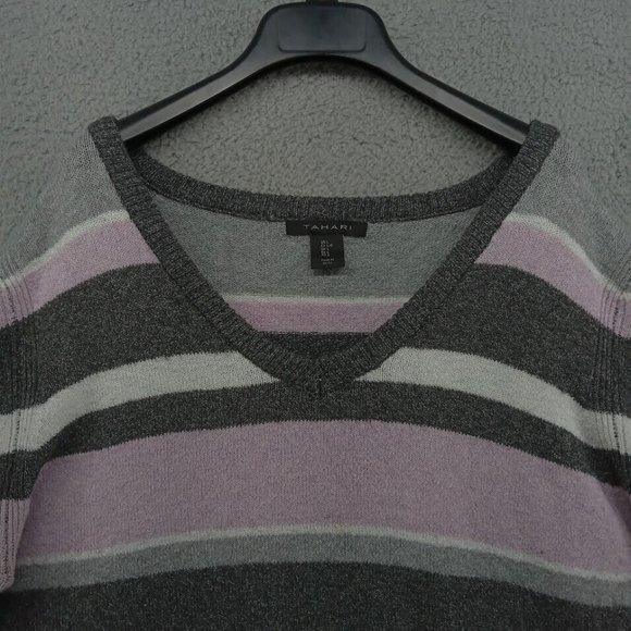 Tahari Sweater Womens Large Pink White Gray Multi Striped V Neck Pullover Knit - Picture 2 of 11